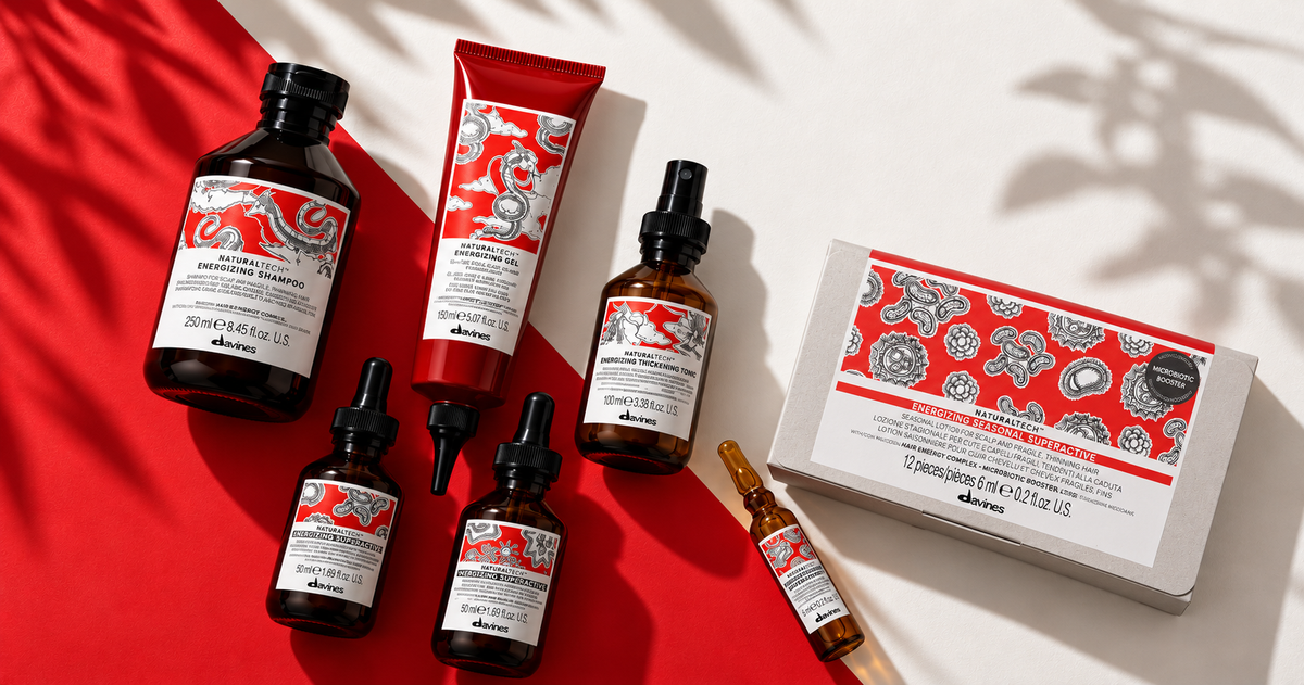Davines NATURALTECH Energizing range: shampoo, gel, thickening tonic, superactive serums and the Energizing Seasonal Superactive 12-vial box