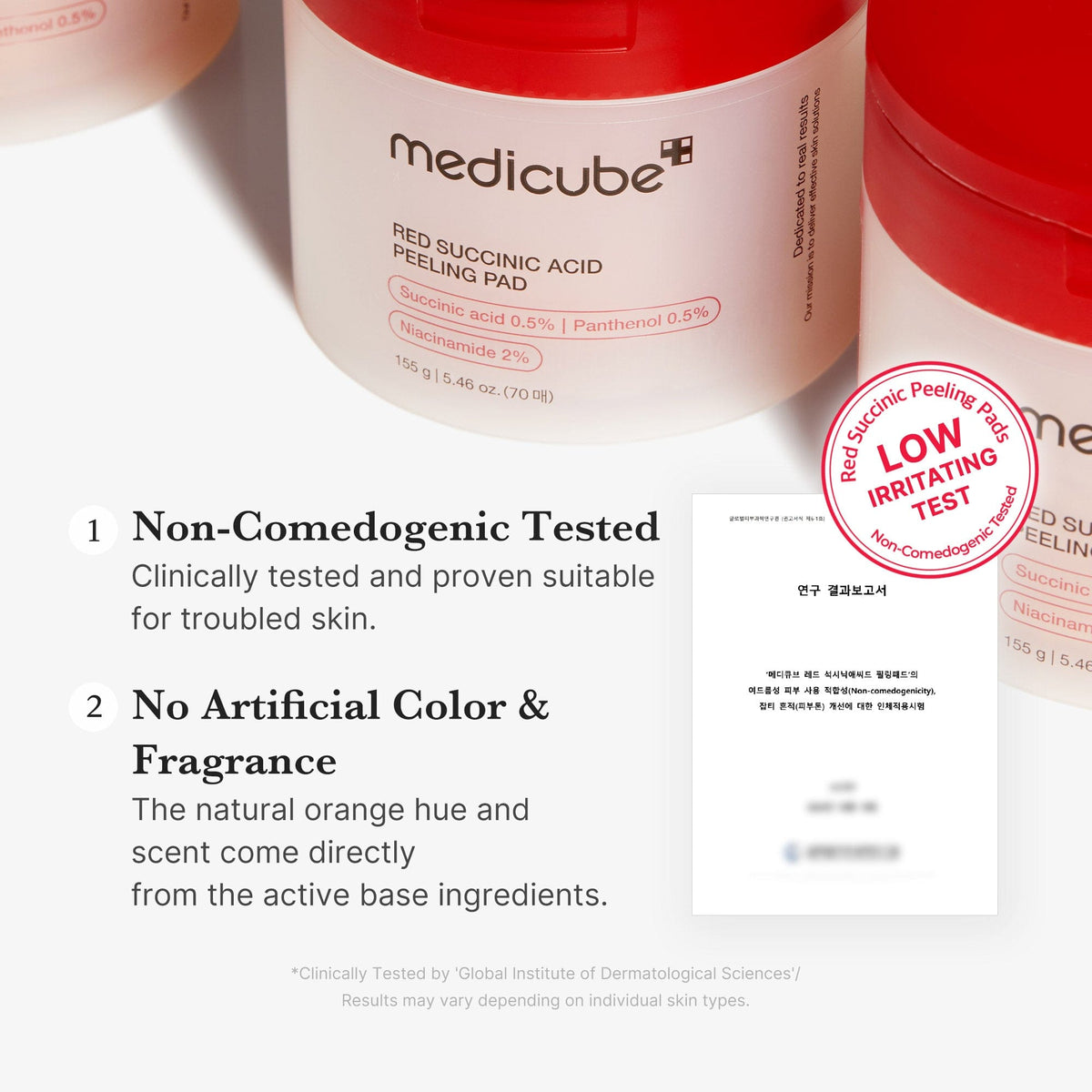 Medicube Red Succinic Acid Peeling Pad – jars with non-comedogenic tested and no artificial colour and fragrance claims