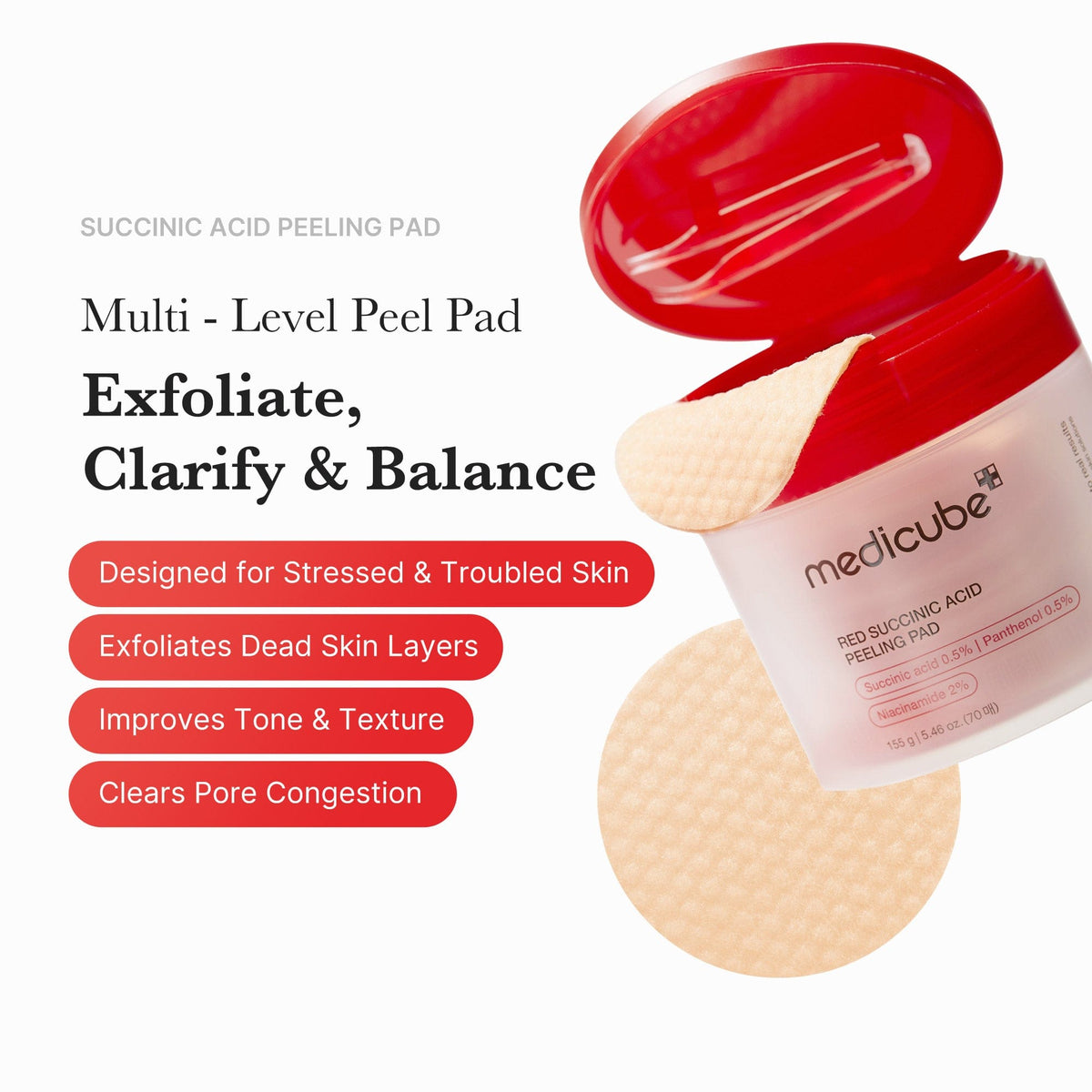 Medicube Red Succinic Acid Peeling Pad – open jar with textured pad